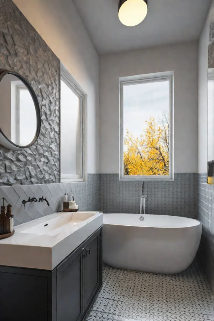 Bright and cheerful small bathroom with sunburst mirror