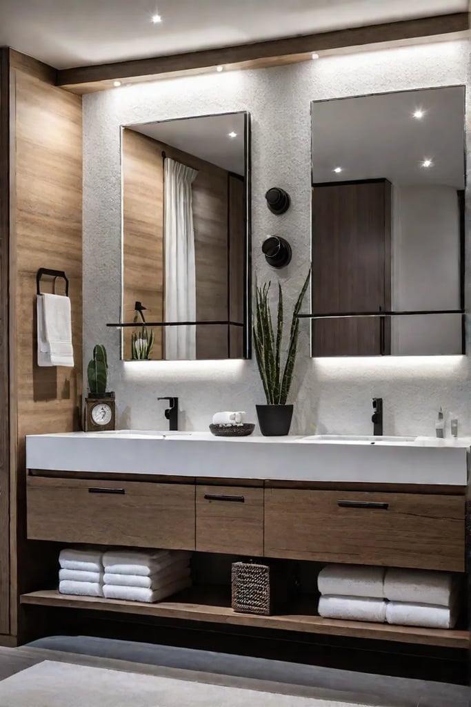 Builtin bathroom vanity with textured countertop and double sinks