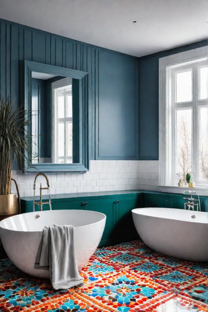 Cheerful bathroom with DIY abstract painting