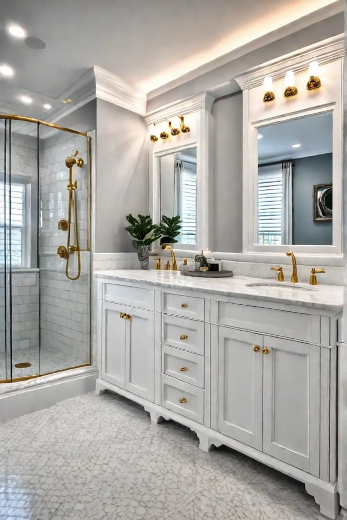 Classic white double bathroom vanity with gold hardware