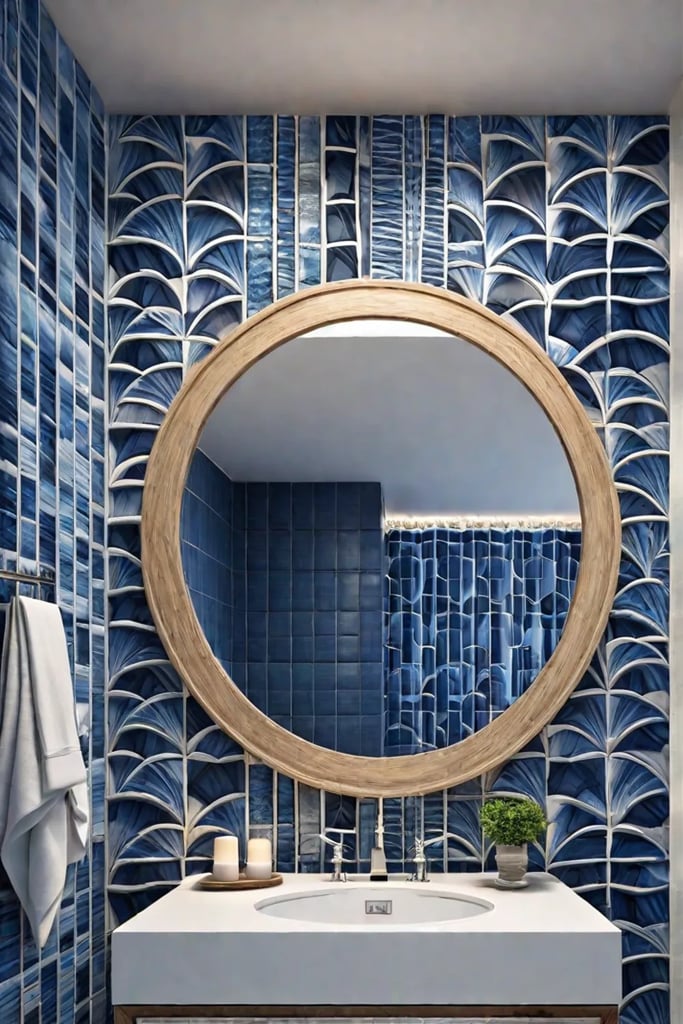 Coastal bathroom with blue and white tiles and seashell chandelier