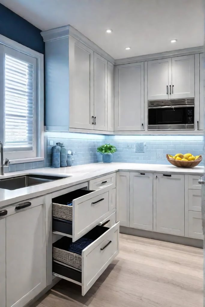 Coastal kitchen corner cabinet with pullout drawers and dividers for linen storage