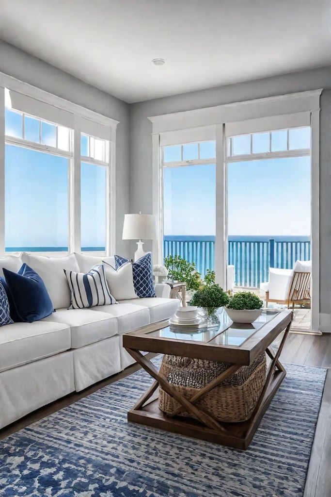 Coastal living room with white slipcovered furniture natural textures and nautical accents