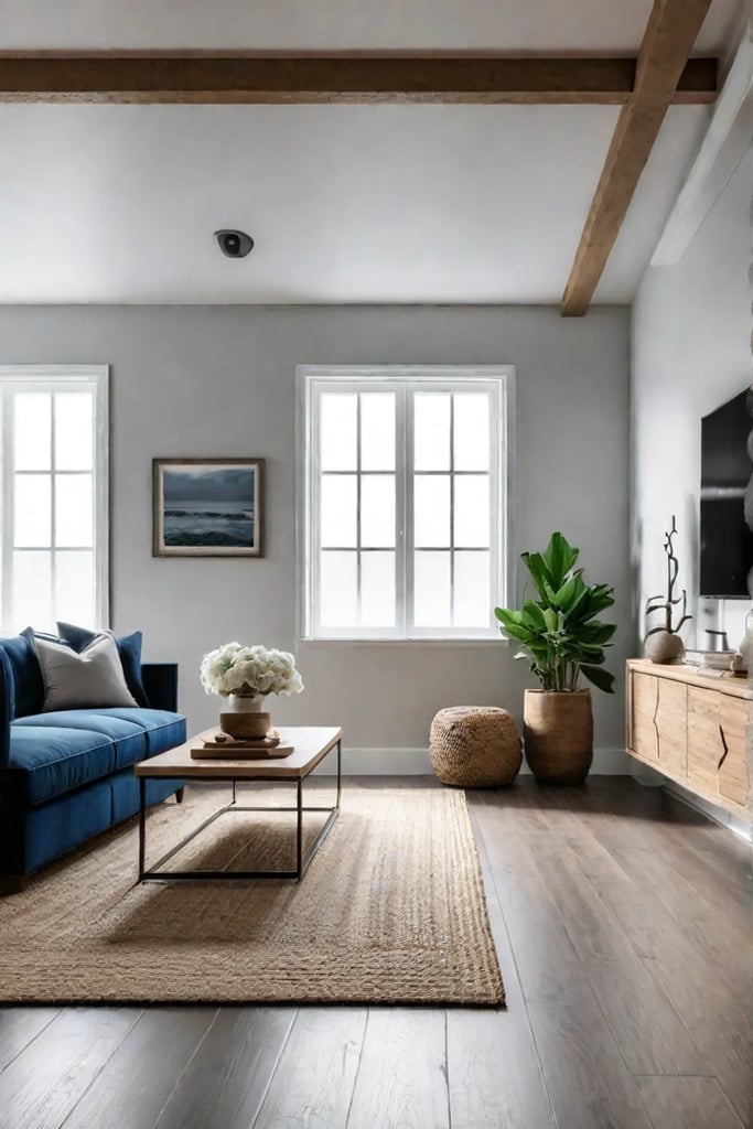 Coastal living room with whitewashed furniture and natural textures blending traditional and