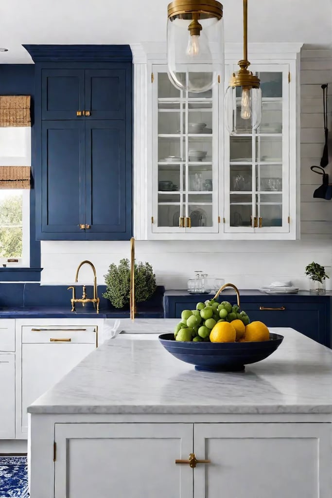 Coastal luxury kitchen with white shiplap walls and navy blue island