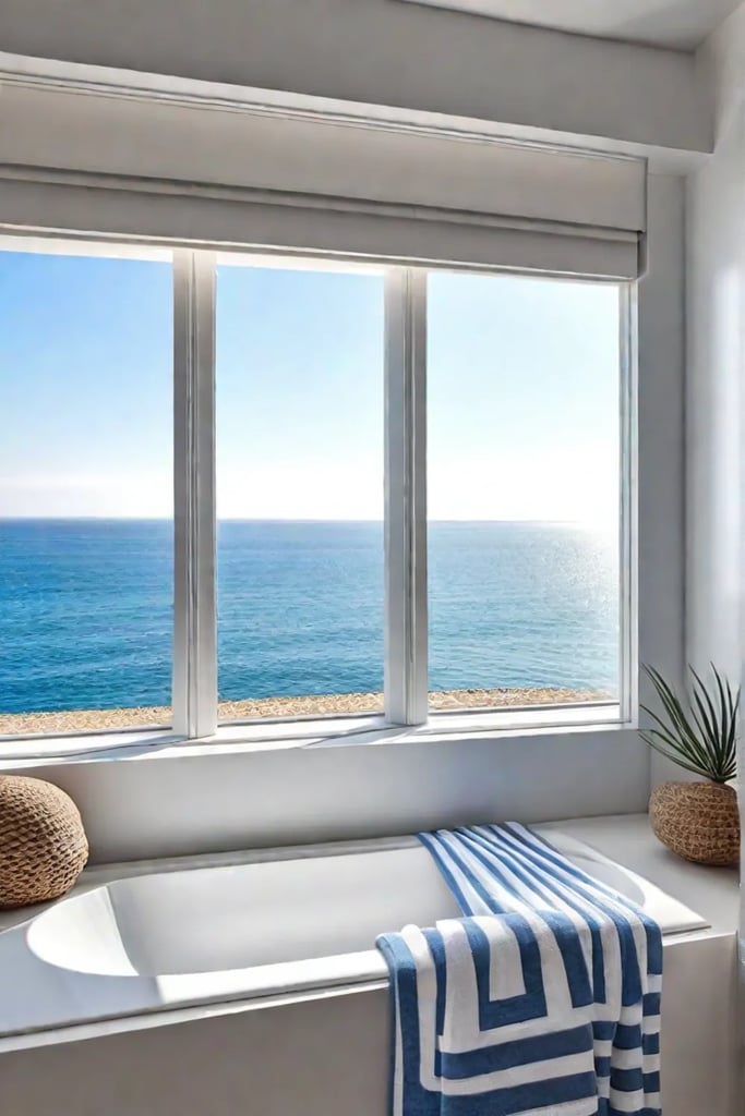 Coastalthemed bathroom with ocean view and seashell decor