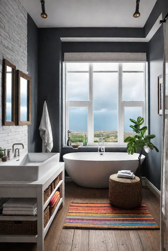 Colorful bathroom with a rainbow shower curtain and printable animal prints