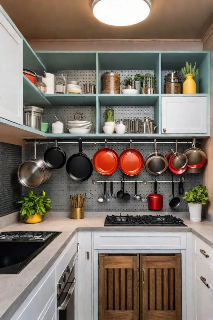 Colorful kitchen with pegboard wall for storage