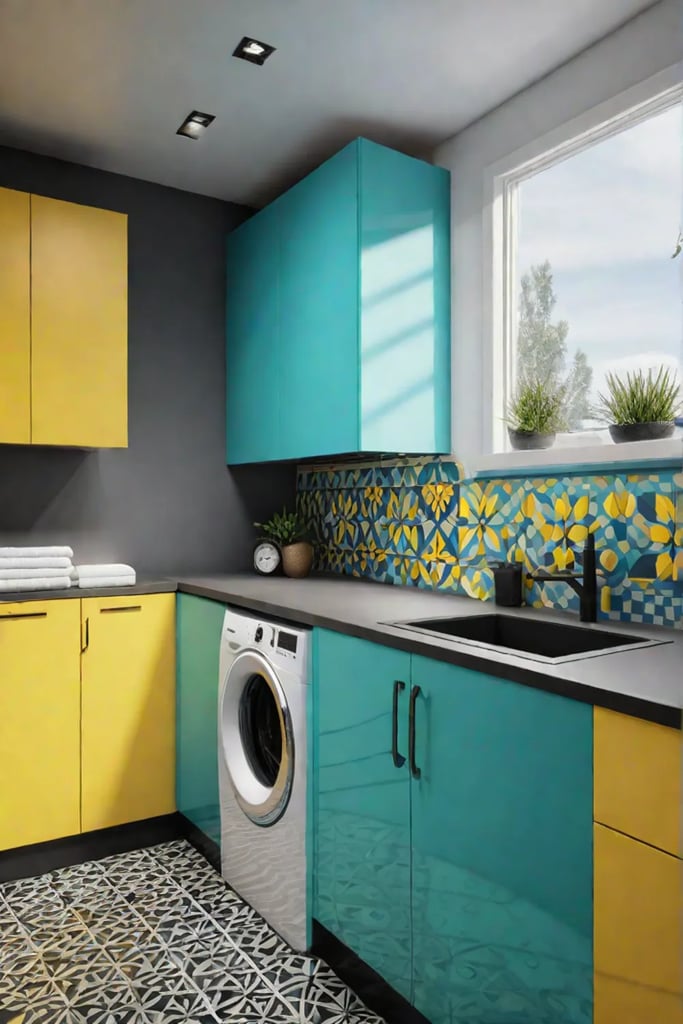 Colorful laundry room with yellow cabinets