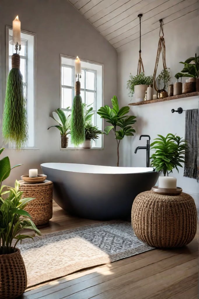 Colorful tapestry with patterns and tassels hanging on a bathroom wall