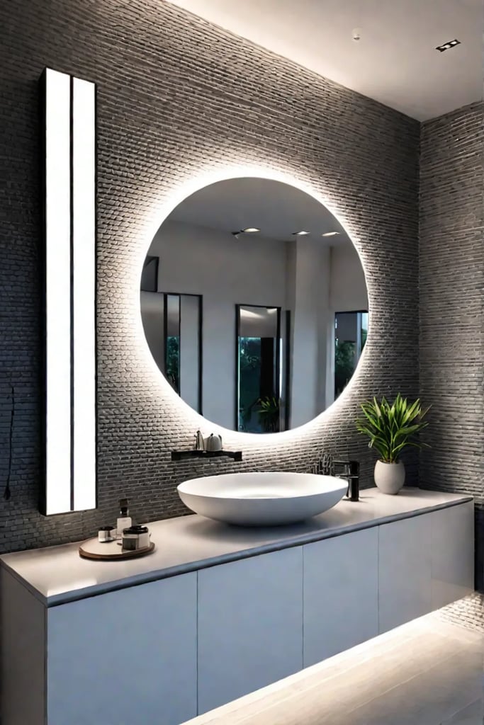 Contemporary bathroom with a round mirror on a mirrored wall