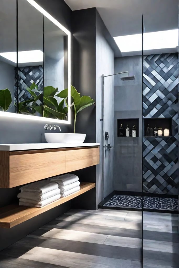 Contemporary bathroom with blackframed mirror as focal point