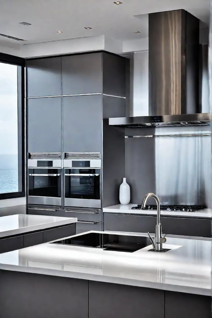 Contemporary kitchen with stainless steel appliances highgloss cabinetry and minimalist lighting
