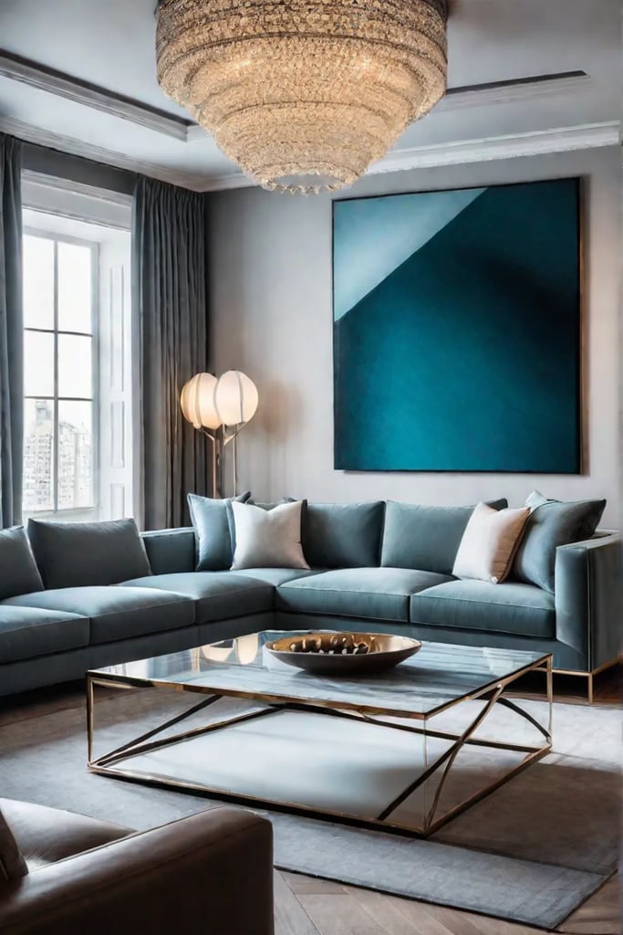 Contemporary living room with modular sofa geometric coffee table and sculptural lighting