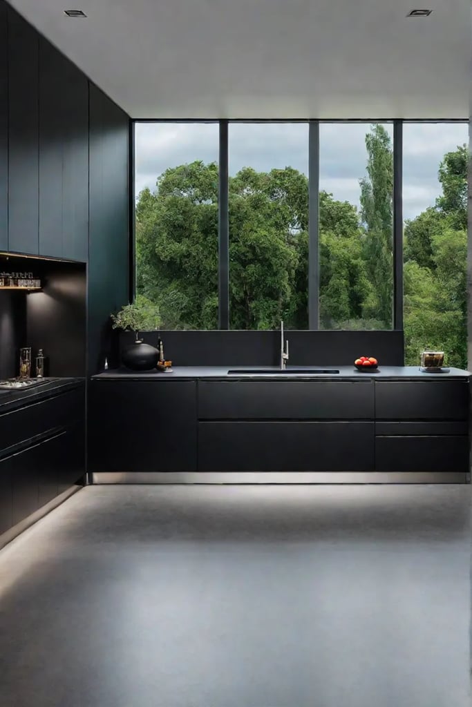 Contemporary luxury kitchen with black cabinets and waterfall countertop