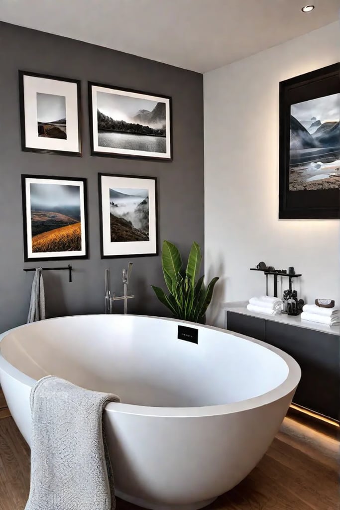 Cozy bathroom with a gallery wall of framed vintage postcards