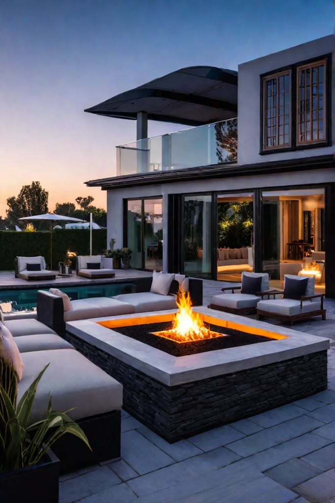 Cozy firepit patio with builtin fire pit and ambient lighting