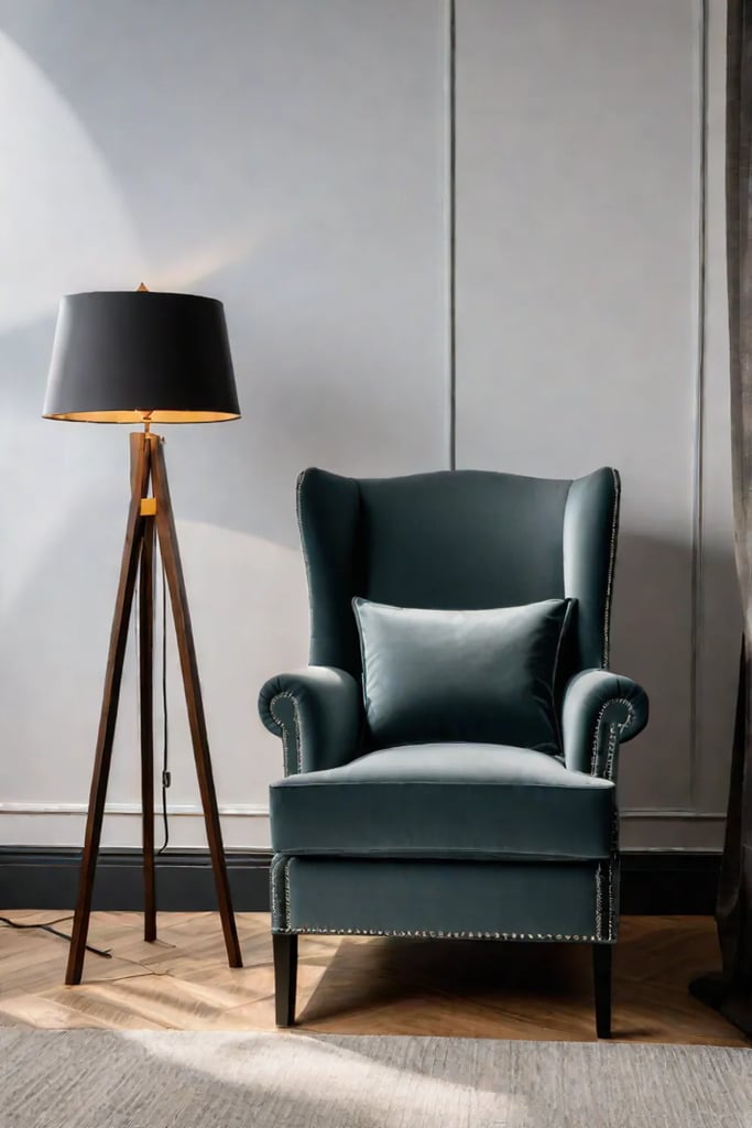 Cozy living room with a wingback chair and modern floor lamp creating