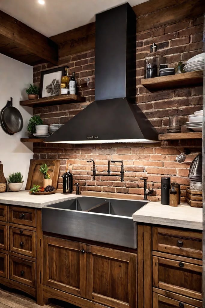Cozy luxury kitchen with rustic wood cabinets and brick backsplash
