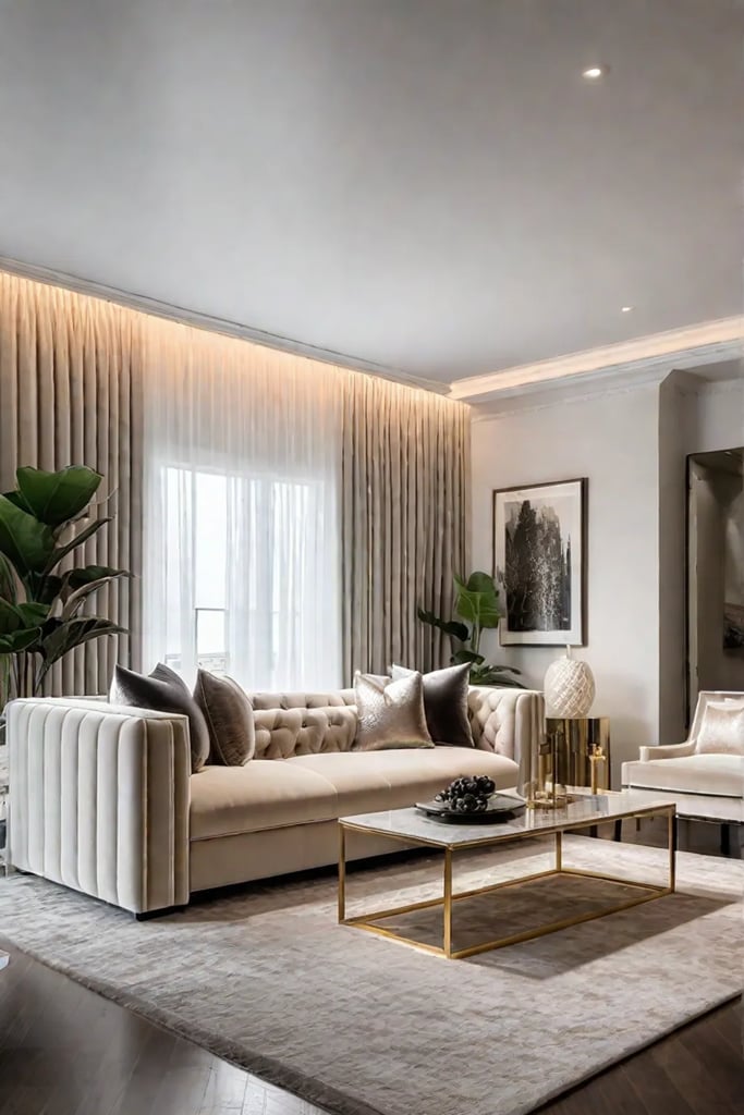 Cream boucle sofa with velvet pillows and a faux fur throw in