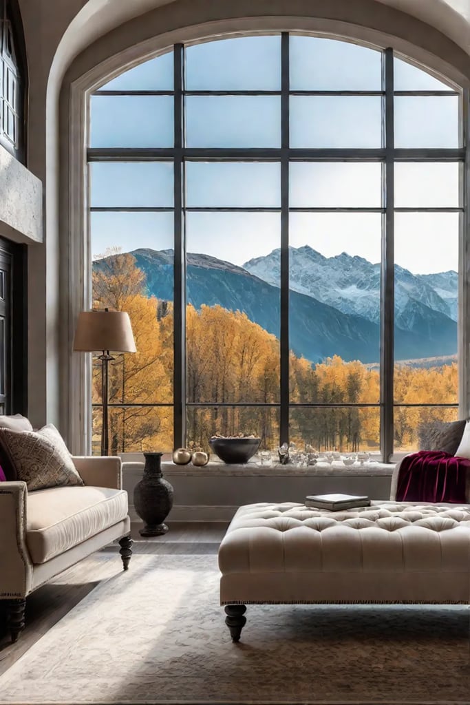 Cream chenille sofa with velvet pillows and a view of a winter