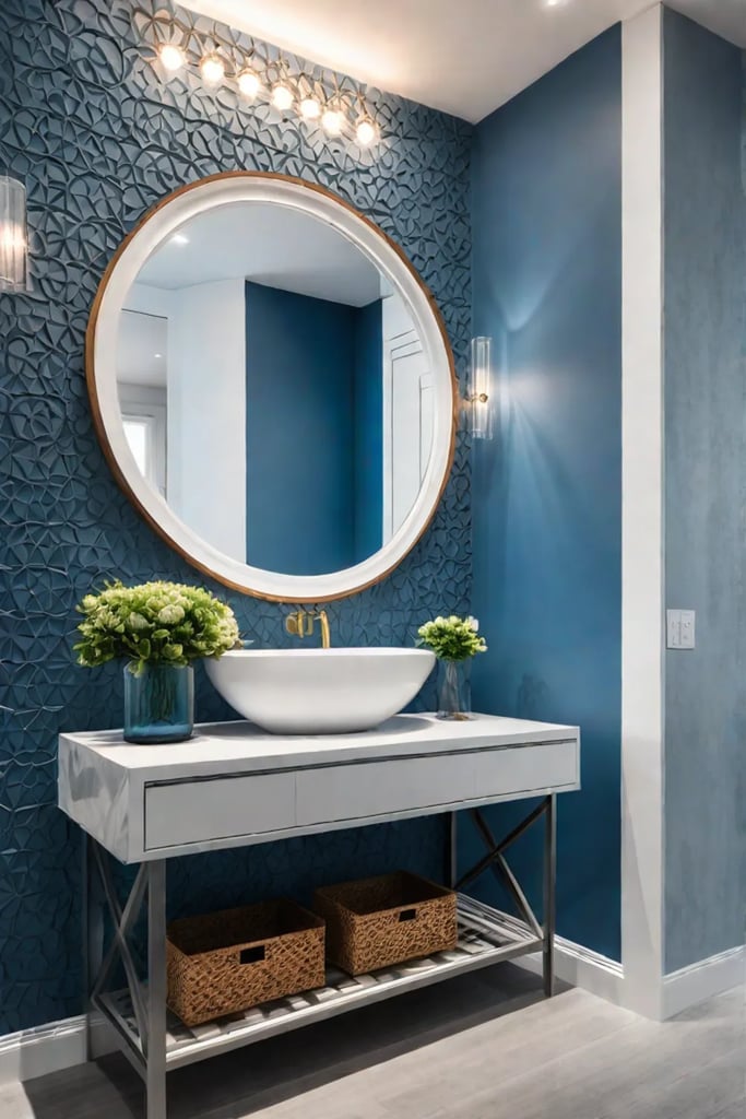 Decorative round mirror as a statement piece in a blue powder room