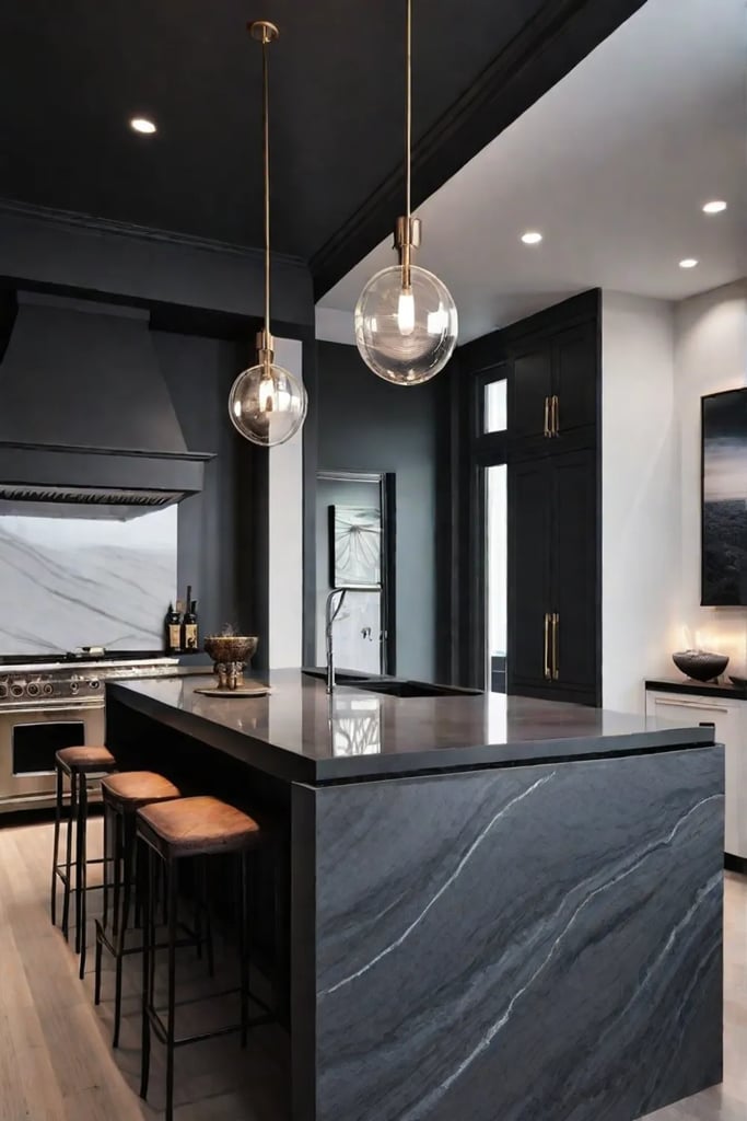 Dramatic black quartz countertop in a contemporary setting