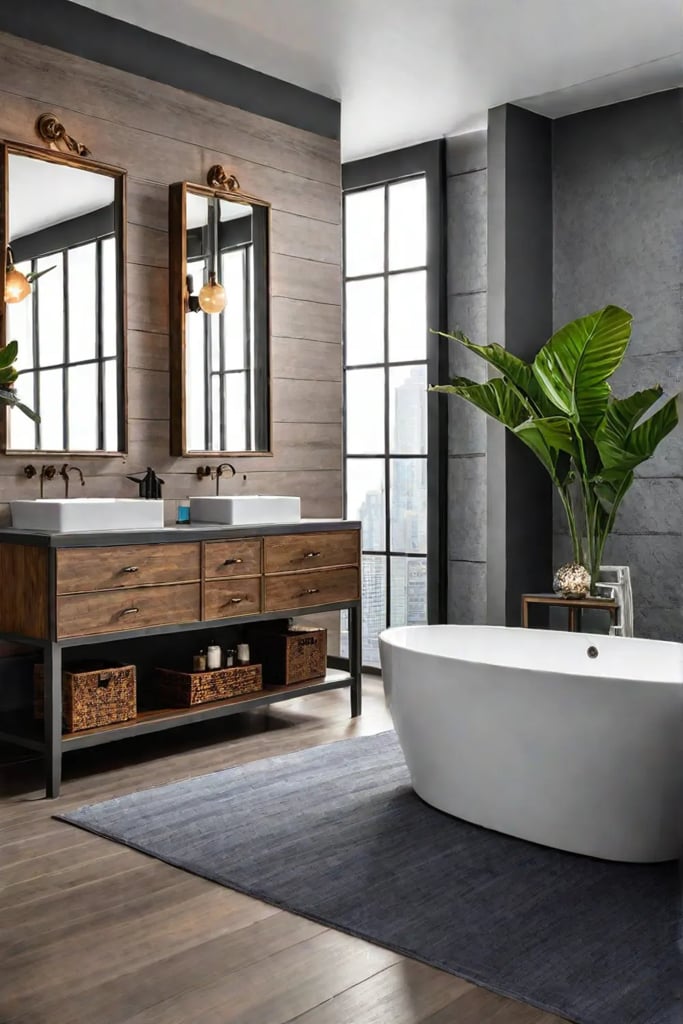 Eclectic bathroom vanity with mixed wood tones and metallic accents