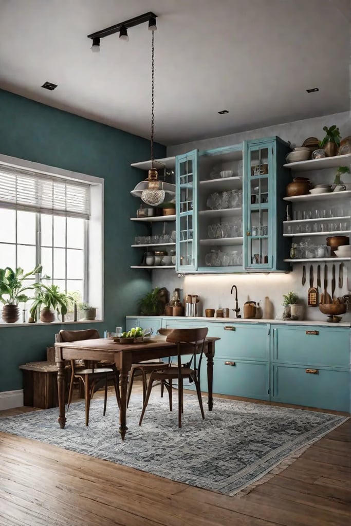 Eclectic kitchen corner with repurposed antique cabinet for storage and style