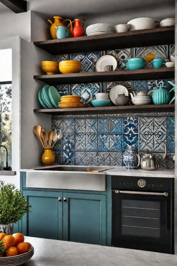 Eclectic kitchen with patterned backsplash colorful pendant lights and vintage kitchenware