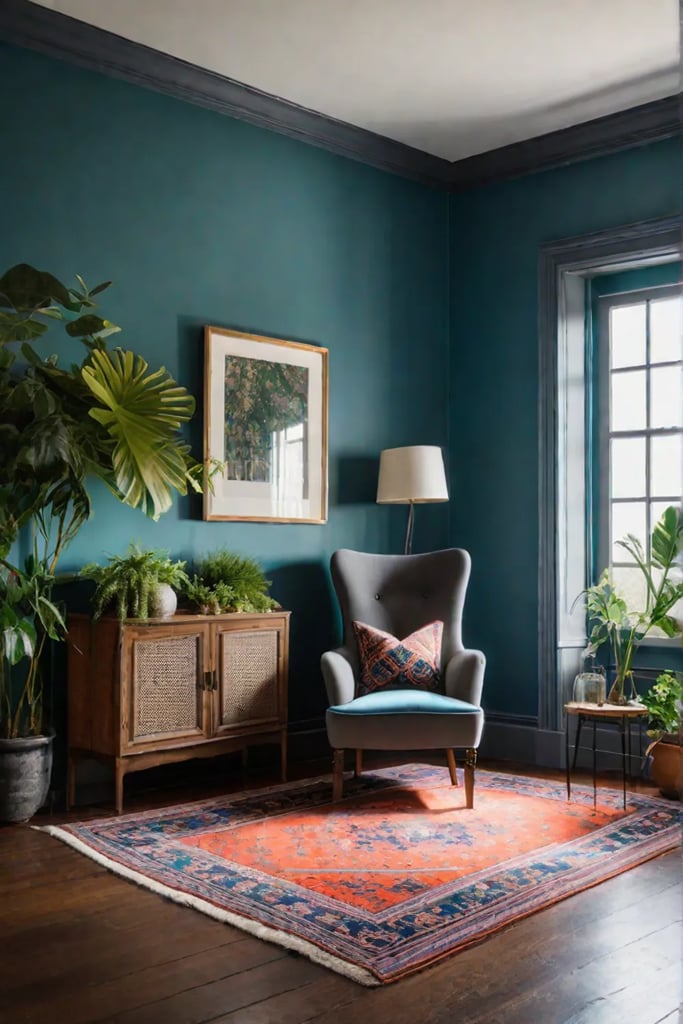 Eclectic living room with recycled rug and upcycled armchair