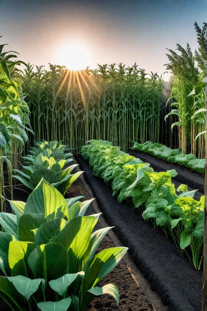 Expansive vegetable garden employing companion planting for optimal growth