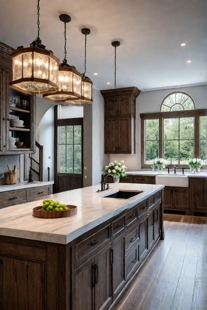 Farmhouse kitchen with white quartz countertops