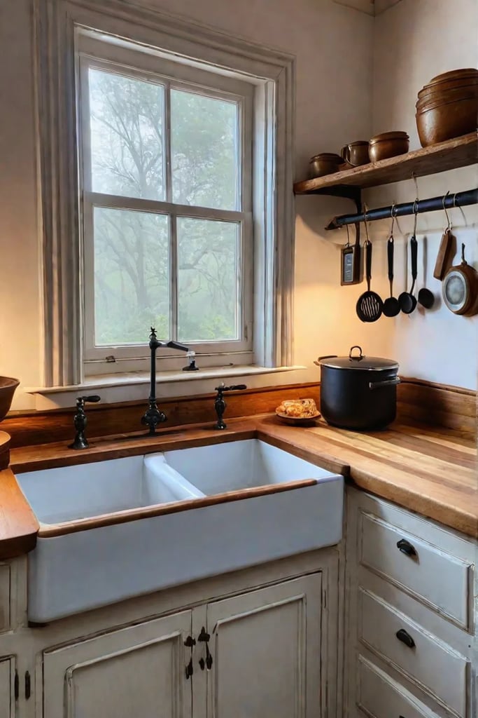 Farmhouse luxury kitchen with large sink and butcher block countertop