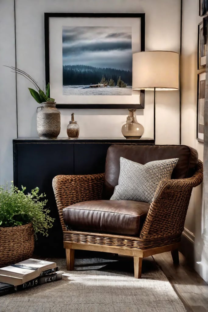 Farmhouse reading nook with vintage armchair