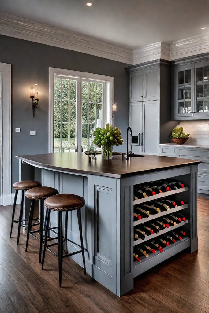Farmhouse style kitchen island with sink and builtin wine rack showcasing balance