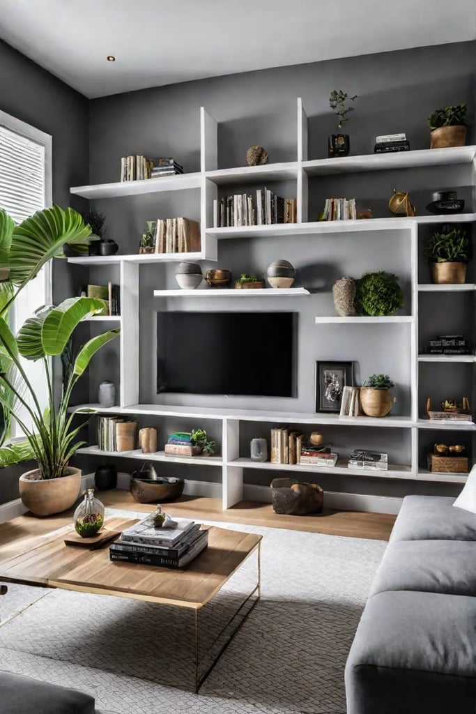 Floating shelves in modern living room
