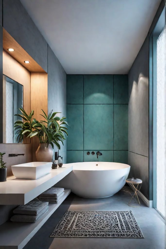 Floating shelves with LED lighting and decorative objects in a small bathroom