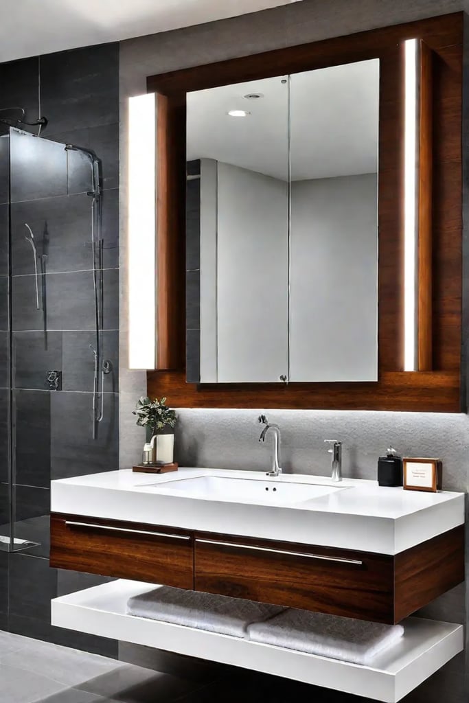 Floating wooden bathroom vanity with quartz countertop and LED lighting
