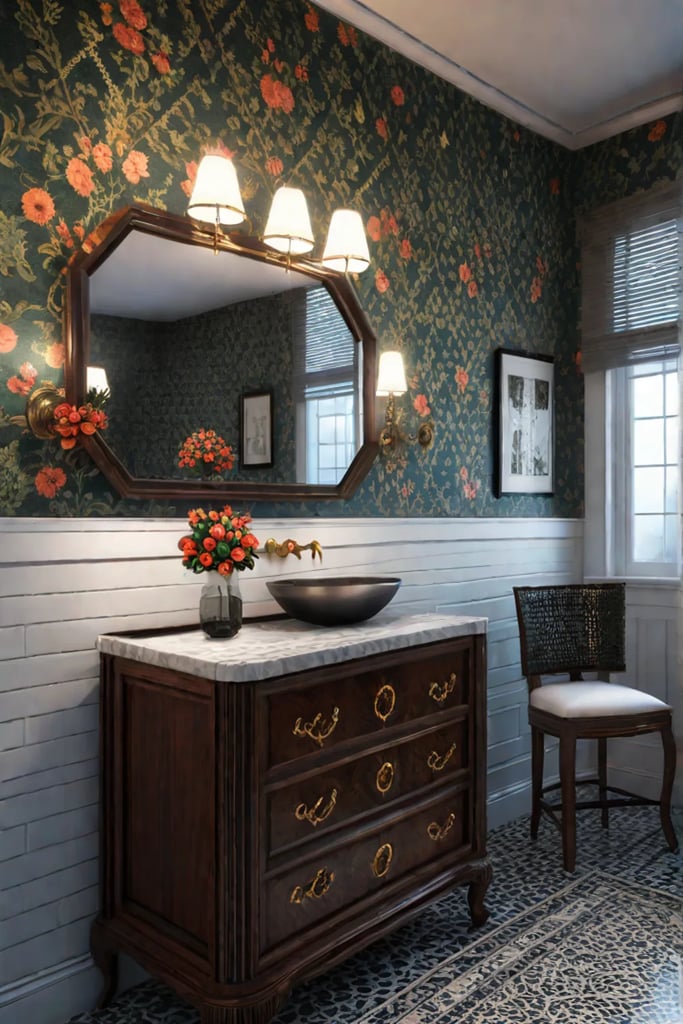 Floral tapestry wall art in a traditional bathroom