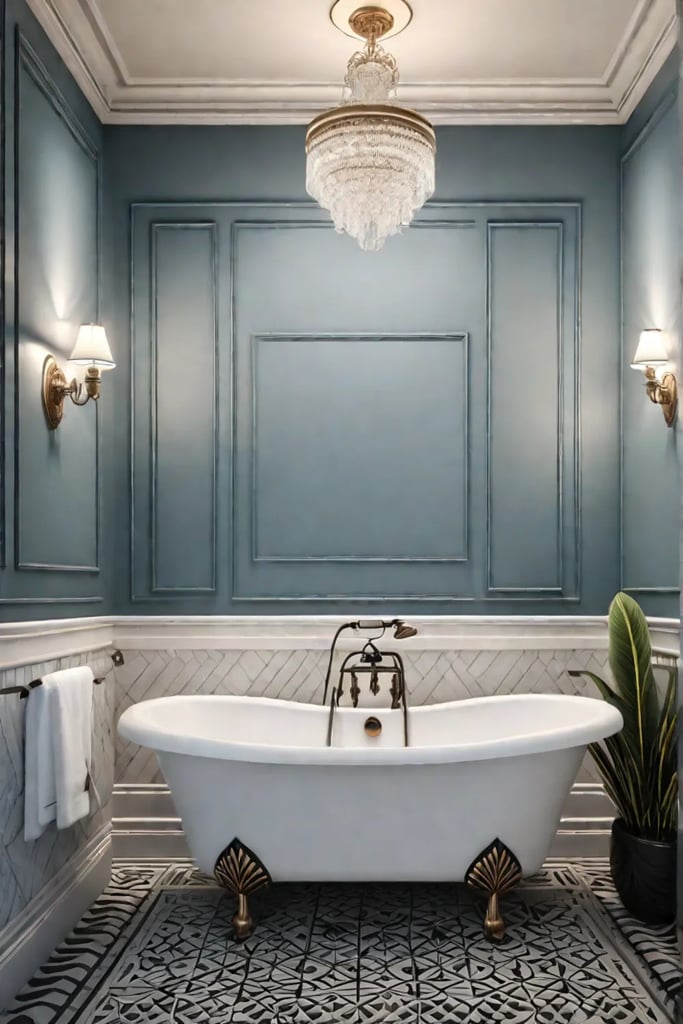 Framed Art Deco poster in a vintageinspired bathroom