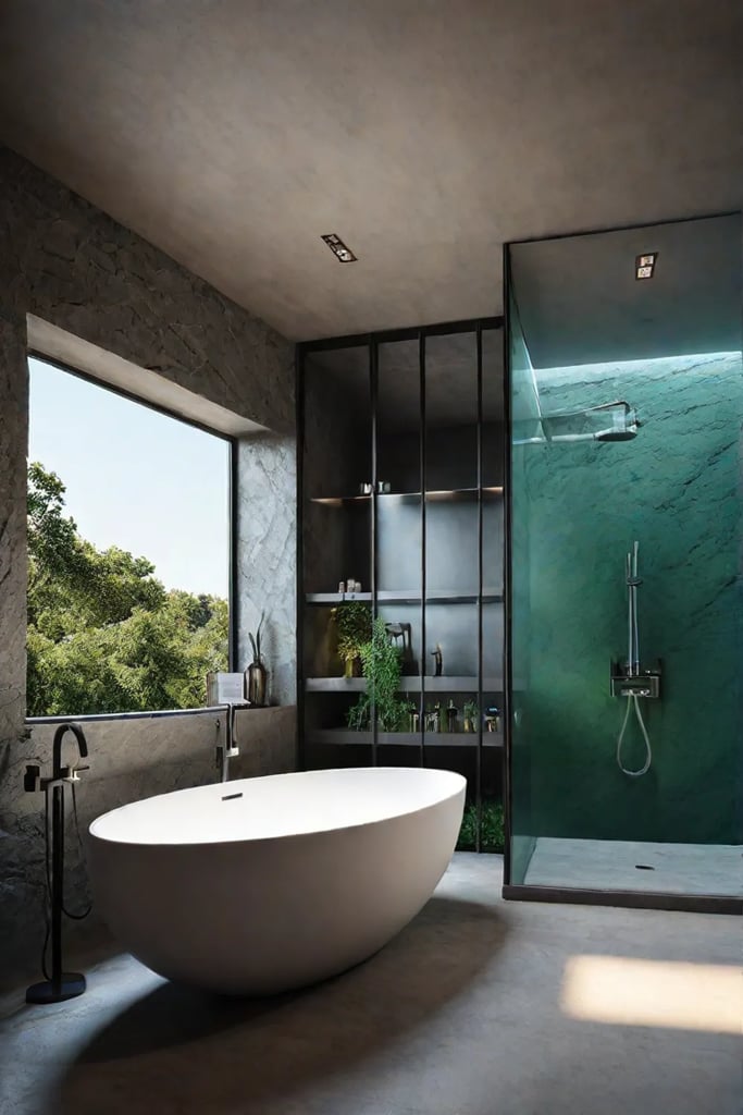 Framed nature photograph in a spalike bathroom