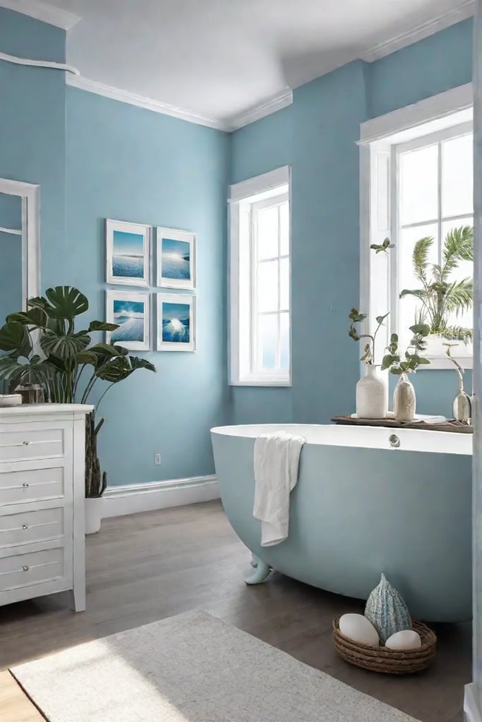 Framed seashell prints in a coastalthemed bathroom