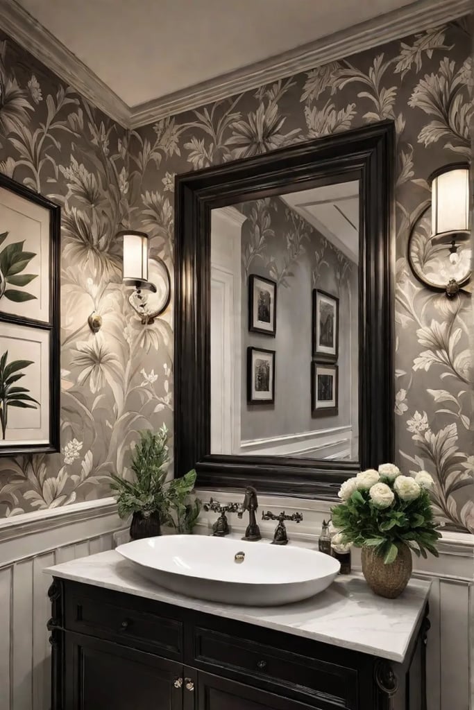 Framed vintage botanical illustration in a traditional bathroom