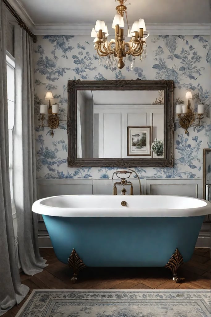 French country bathroom with toile wallpaper and vintage perfume bottles