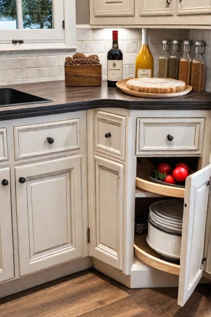 French country kitchen corner cabinet with fullcircle Lazy Susan for baking supplies