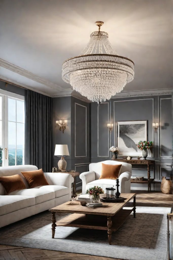 French country living room with antique furniture floral patterns and distressed finishes