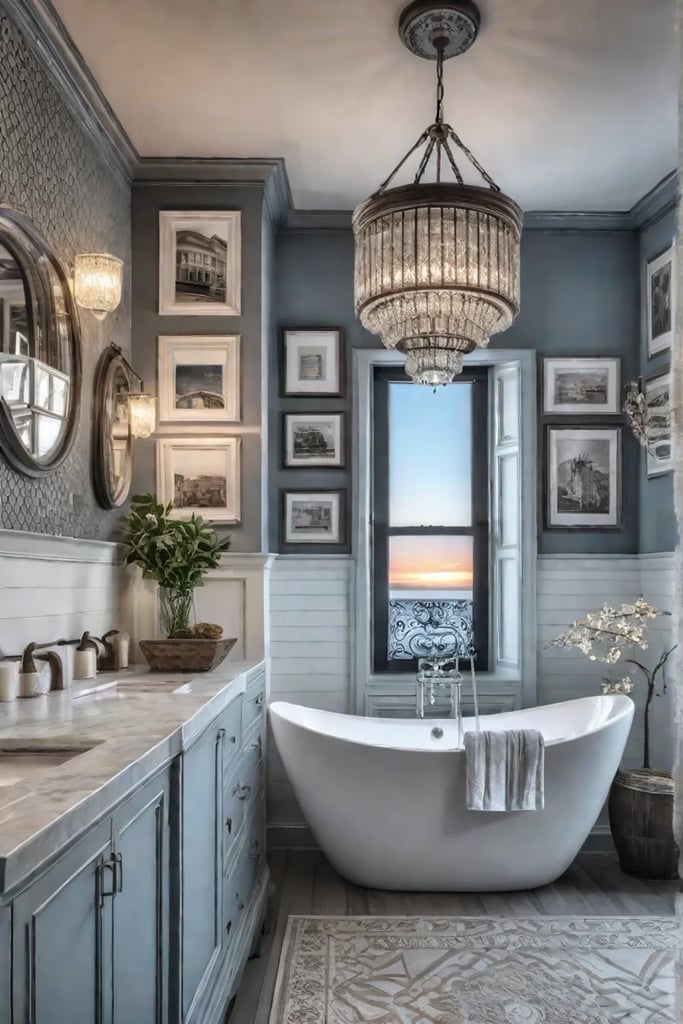 Gallery wall of vintage postcards in a small bathroom