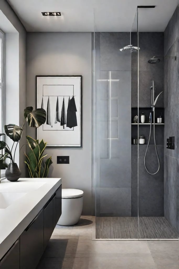 Geometric wall art in a minimalist bathroom