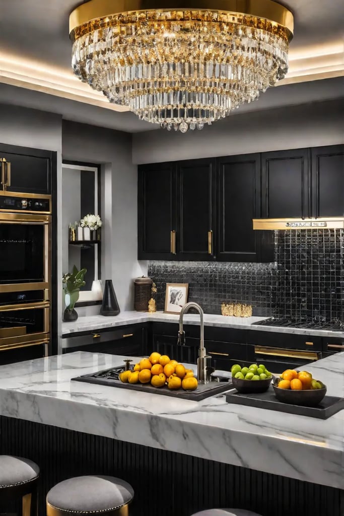 Glam luxury kitchen with gold accents and mirrored backsplash